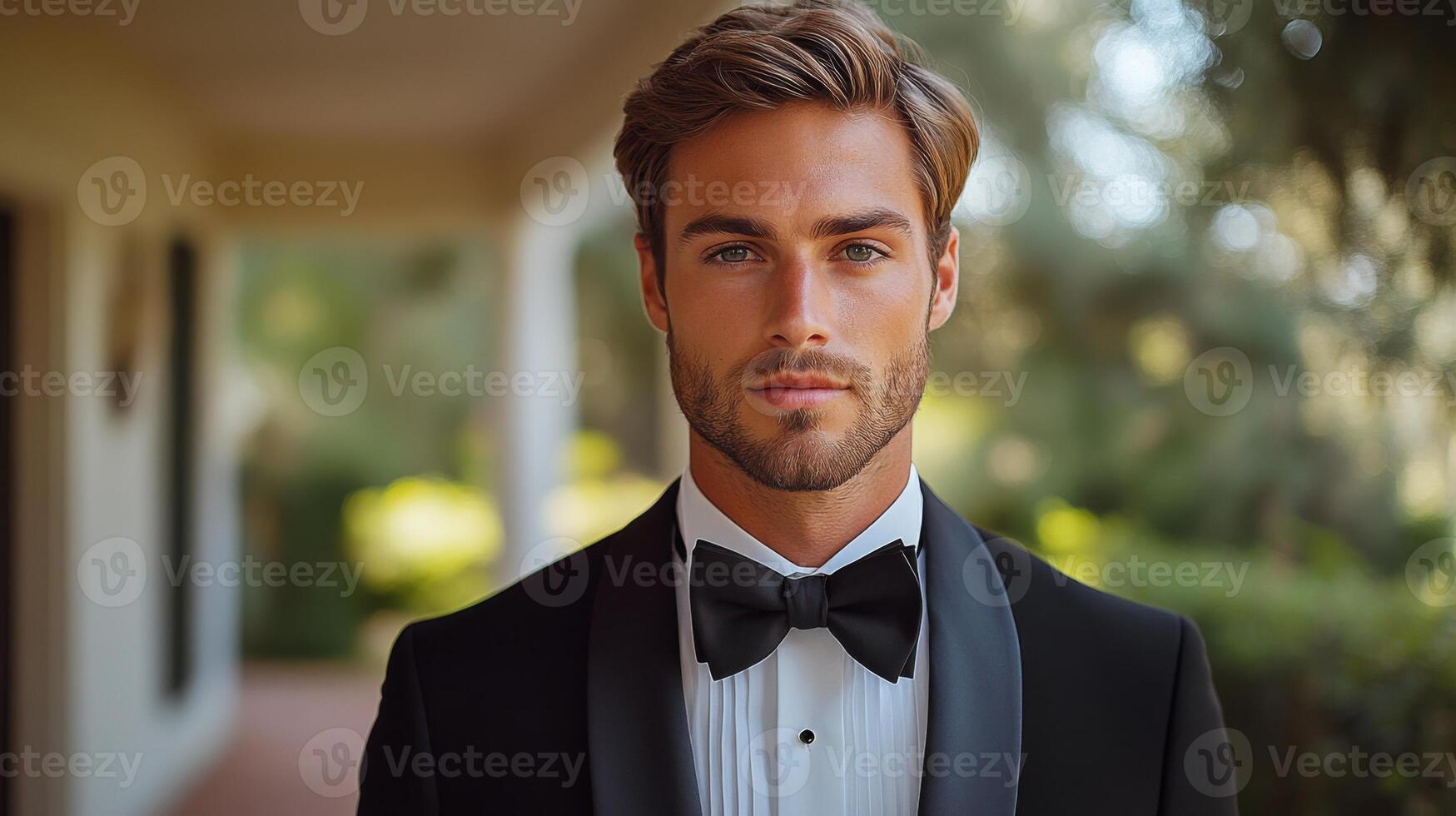 A young man dressed in a classic tuxedo stands confidently outside, surrounded by lush greenery. Sunlight highlights his stylish look and relaxed demeanor, creating an inviting atmosphere. photo