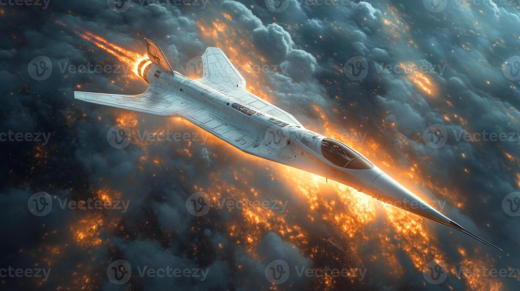 A futuristic spaceplane demonstrates its advanced propulsion system, igniting in a fiery display as it ascends into the clouds, showcasing the next era of aerospace technology. photo