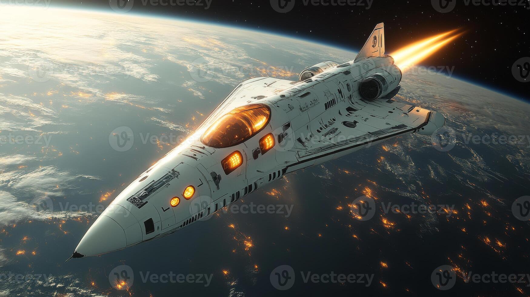 A hypersonic spaceplane propels through the night sky above Earth, exhibiting dazzling engine flames while passing over illuminated urban landscapes during a launch. photo