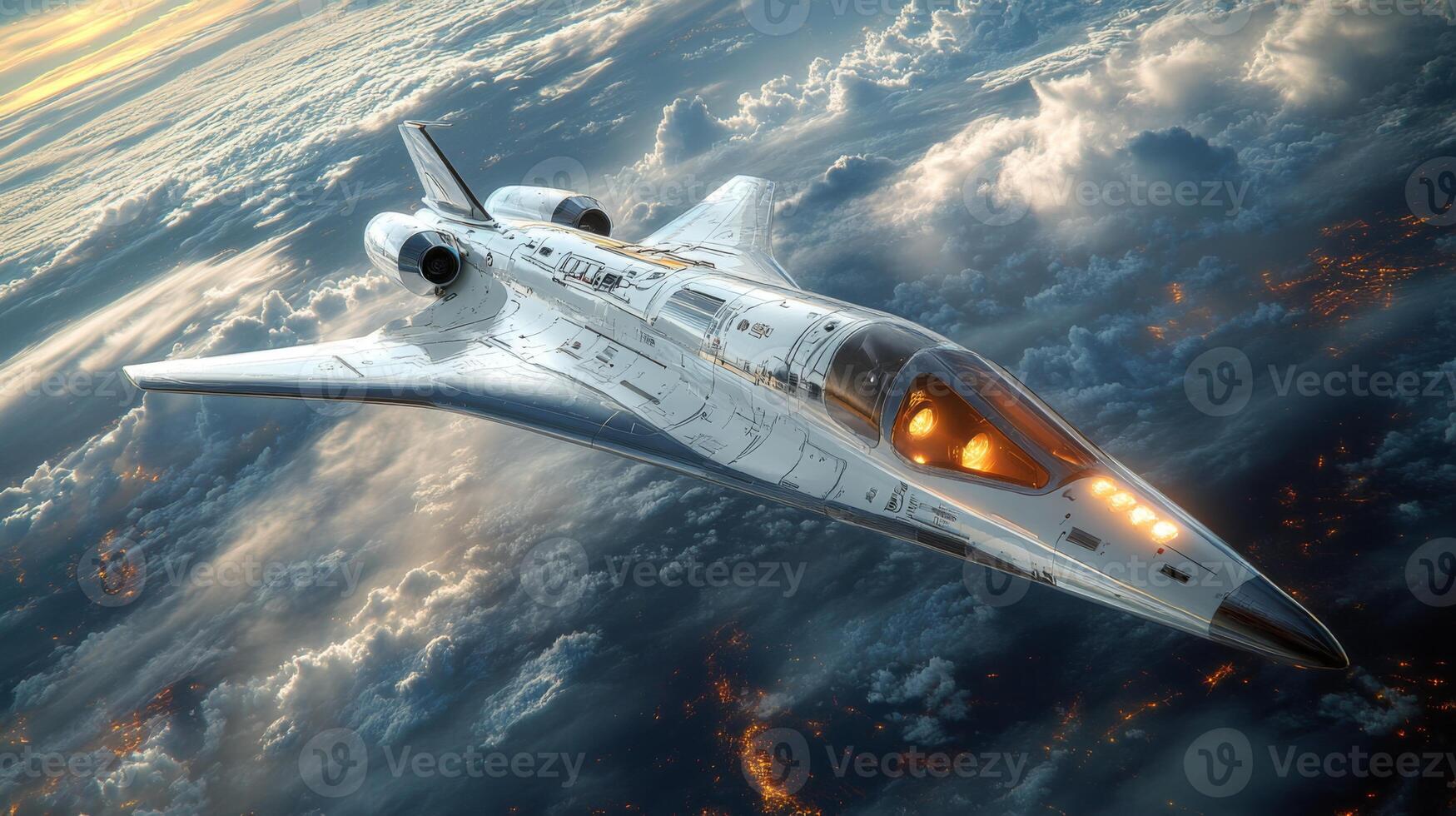 A futuristic spaceplane ascends through the clouds at dusk, showcasing its sleek design and cutting edge propulsion system as it prepares for a hypersonic flight mission from a remote launch site. photo