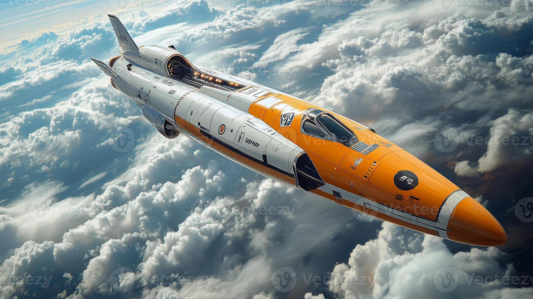 A hypersonic rocket aircraft displays cutting edge aerospace engineering as it soars above clouds, emphasizing innovation in space transportation and propulsion techniques. photo