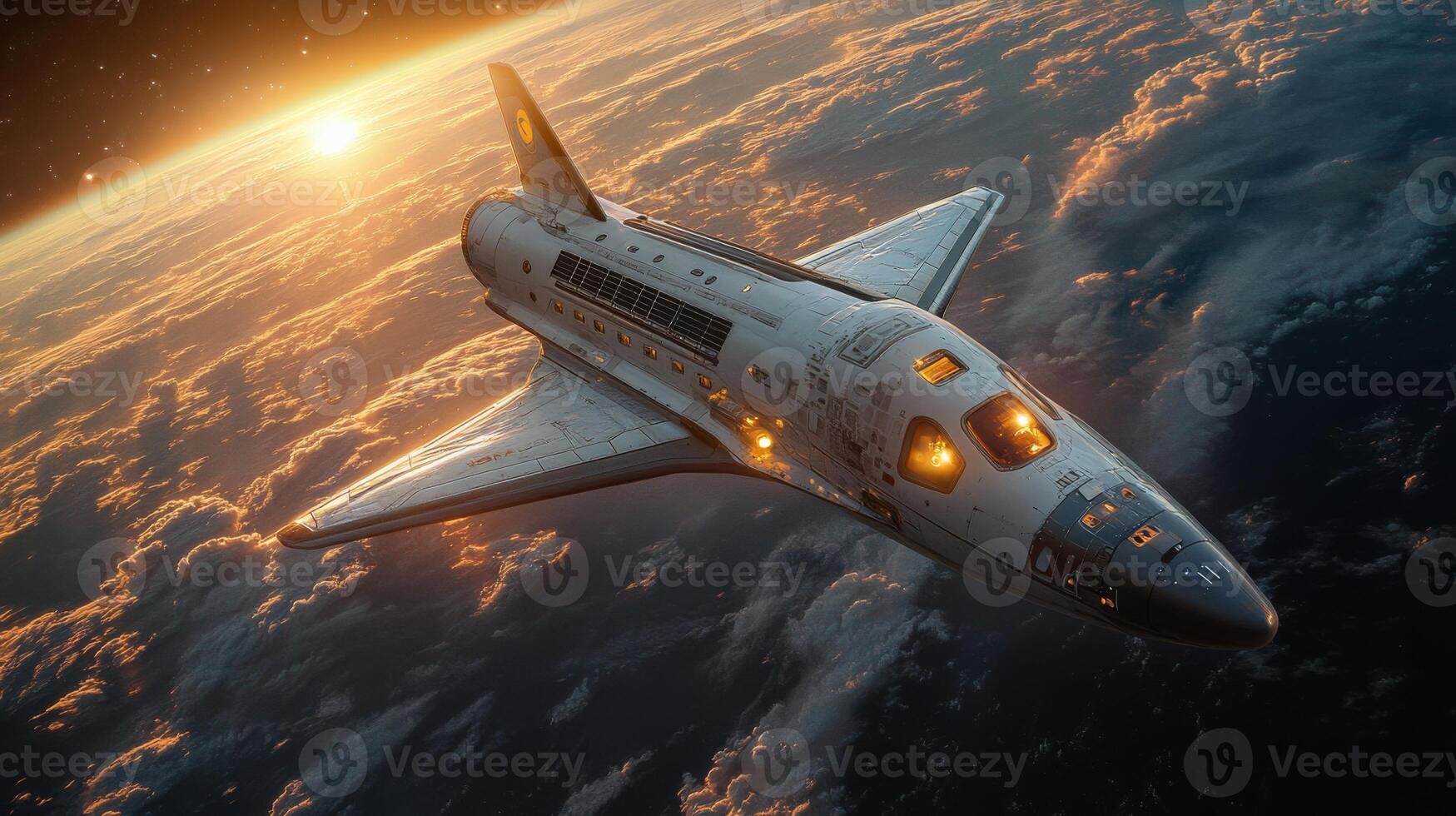 A spaceplane is soaring through the atmosphere, engaged in hypersonic flight as the sun rises, casting an orange glow across the clouds and highlighting its advanced design. photo