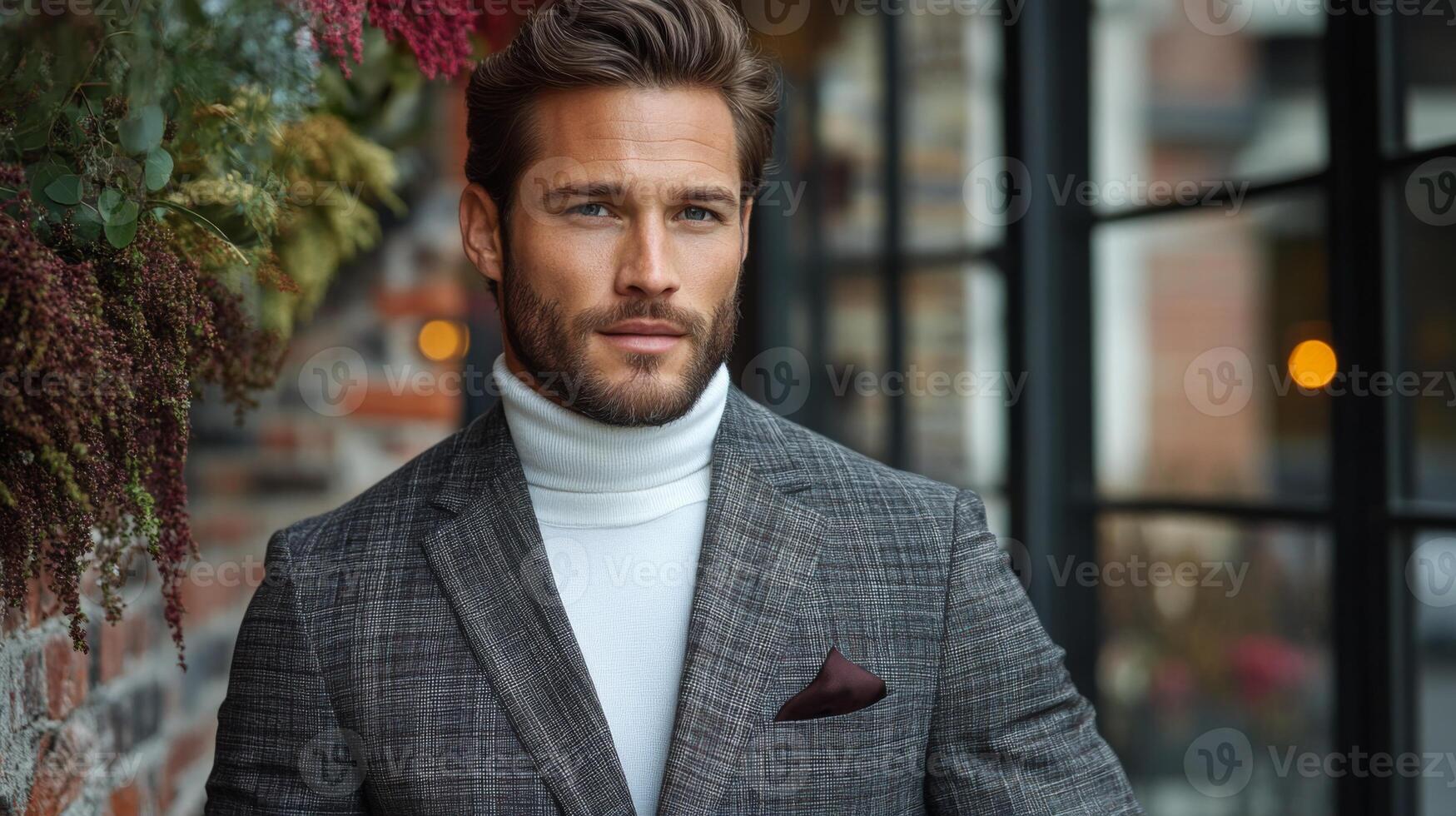 A well-dressed man poses confidently in a fitted blazer and turtleneck, set against a backdrop of rich foliage and urban architecture. His casual elegance captures the upscale ambiance of the moment. photo