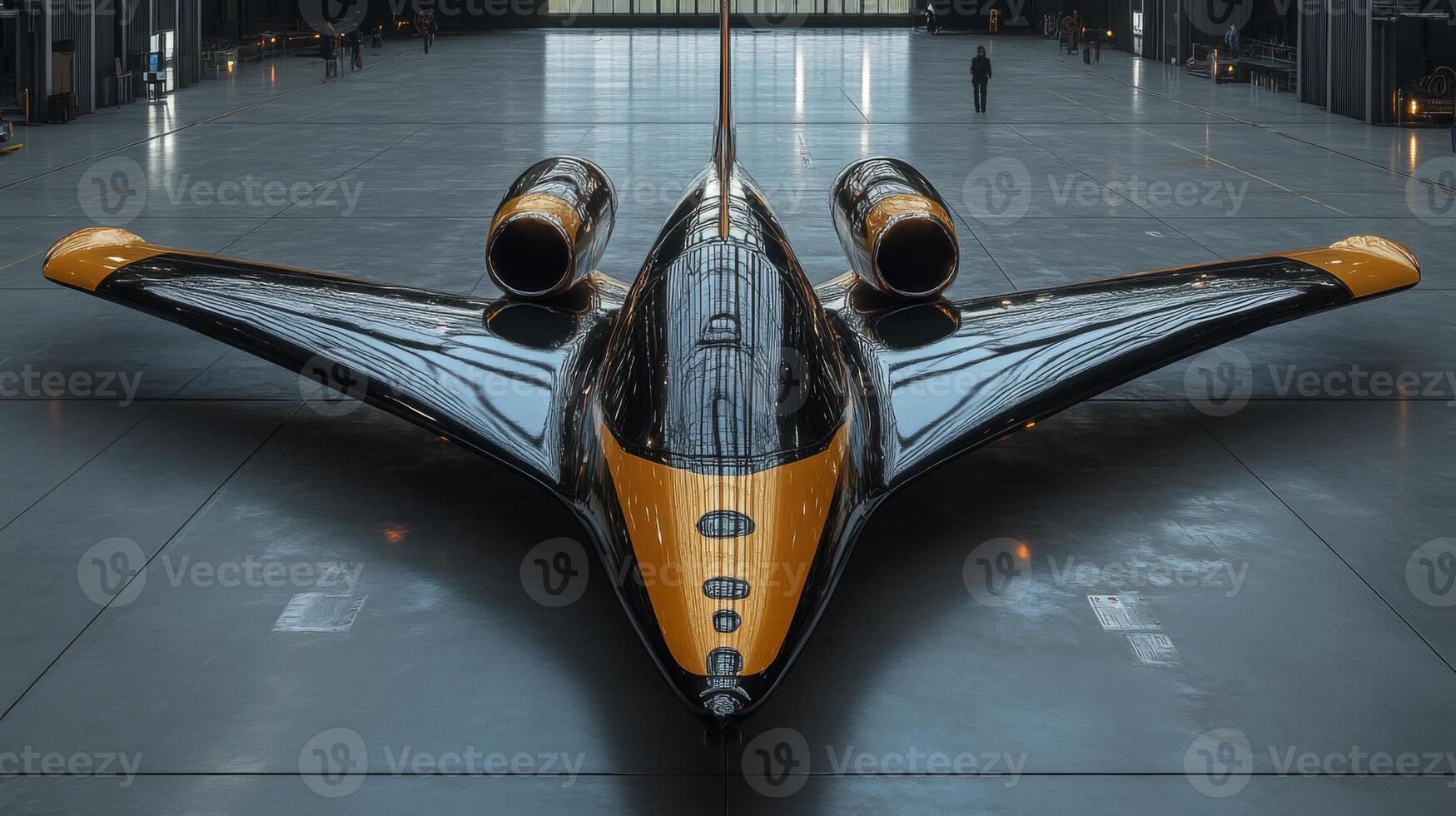 This cutting edge aerospace vehicle stands poised in a spacious hangar, showcasing its sleek design and advanced propulsion systems for future spaceflights. photo