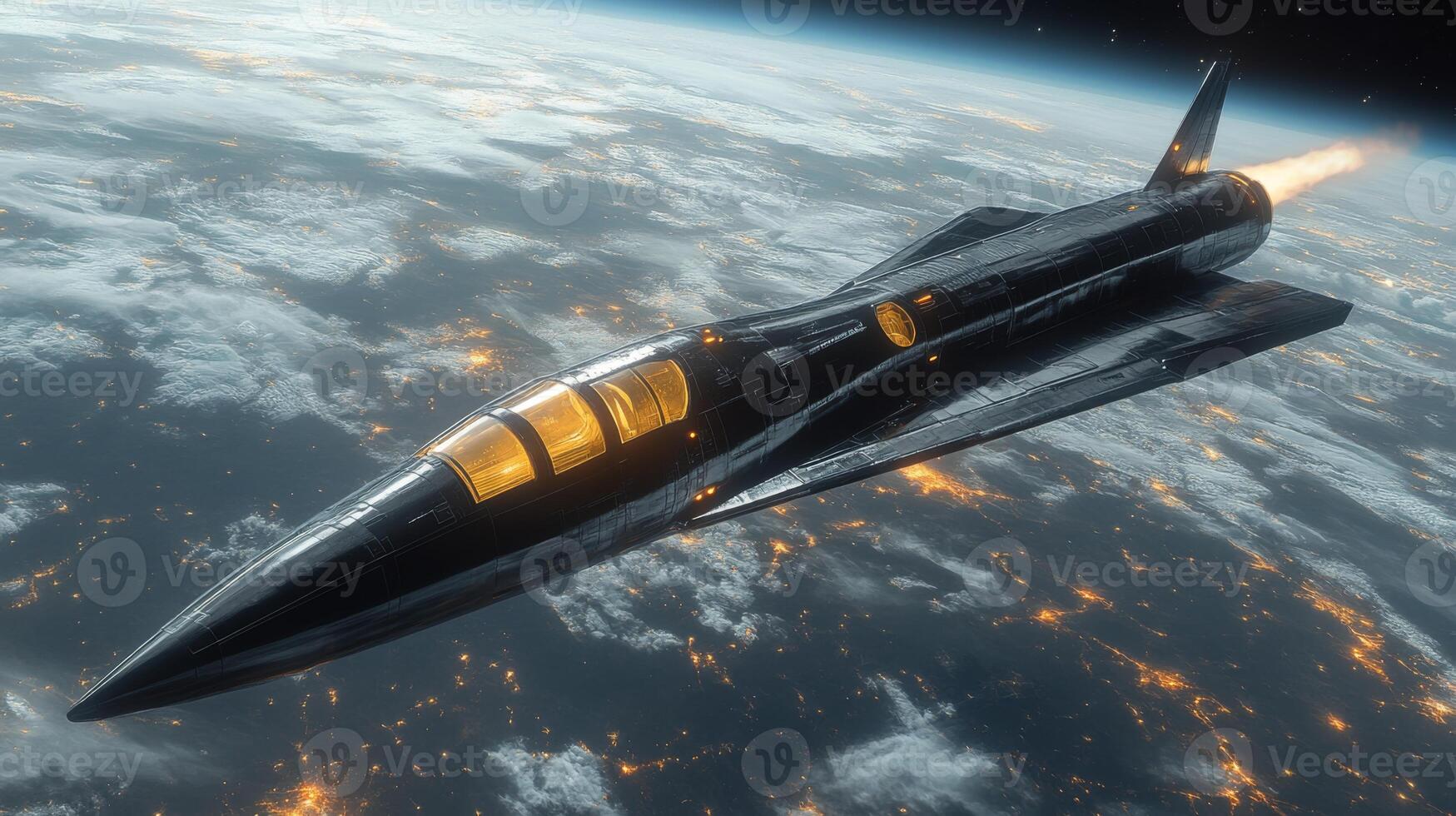 A futuristic rocket is in the midst of launch, demonstrating advanced propulsion technology as it ascends through the atmosphere towards space, illuminating the earth below. photo