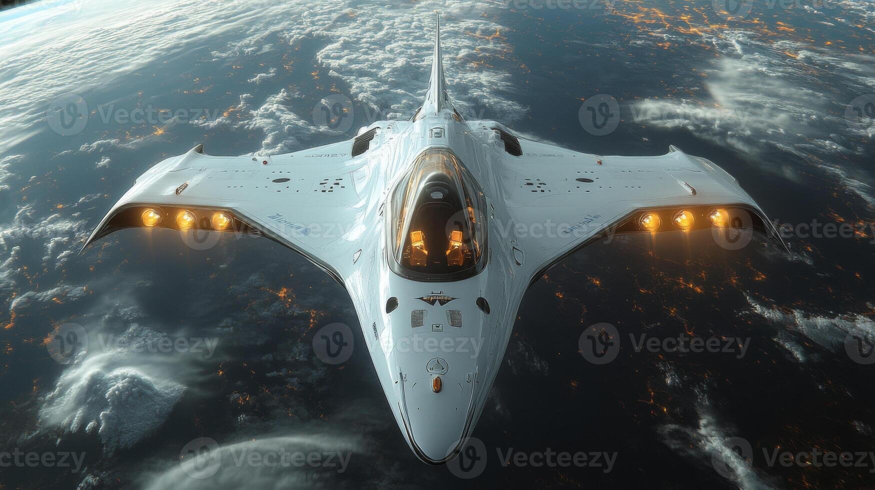 This spaceplane is in a hypersonic launch phase above Earth, demonstrating advanced propulsion systems and aerodynamic design, with lights glowing against the backdrop of the planet. photo