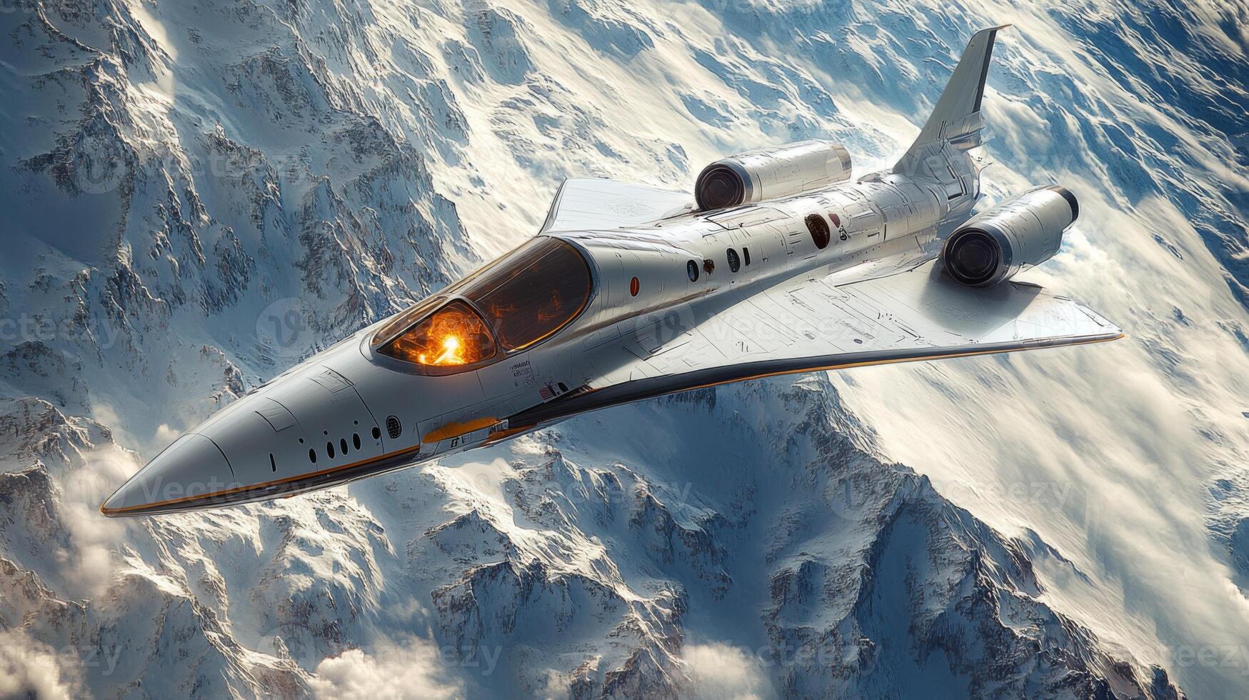 A cutting edge spaceplane accelerates through the atmosphere, showcasing advanced propulsion technology while flying over rugged mountain terrain under a clear blue sky. photo