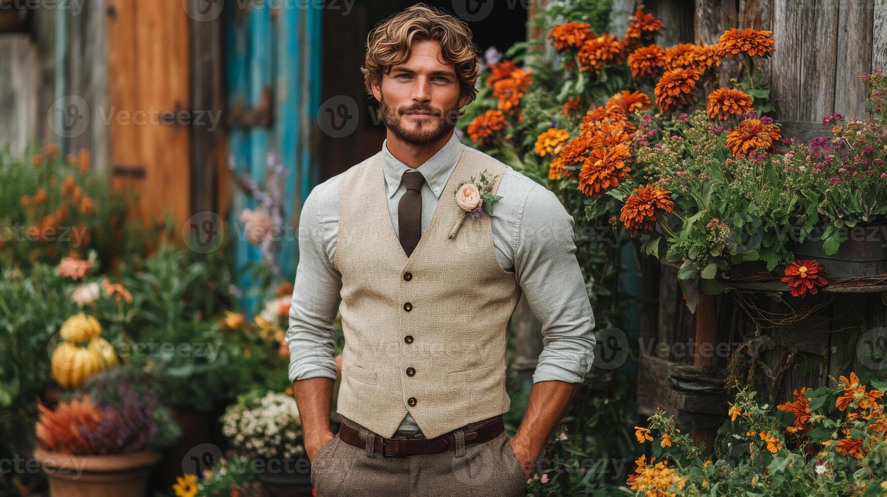 A well-dressed man poses in a blooming garden displaying colorful flowers. He wears a vest and tie with a charming demeanor, creating a striking visual harmony with nature in the late afternoon sun. photo