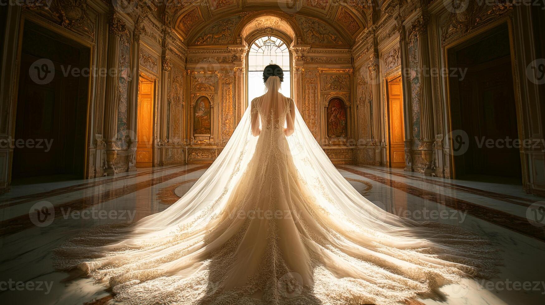 A bride stands gracefully in a stunning hall adorned with ornate details. Her flowing gown and veil catch the warm light streaming through the grand window, creating a magical atmosphere. photo