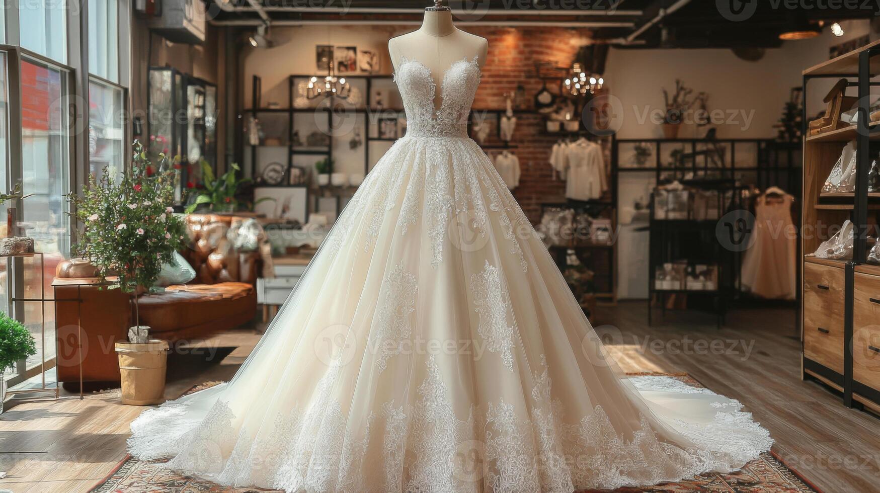 A beautiful wedding dress is showcased in a stylish boutique filled with soft natural light. The gown features intricate lace patterns and a dramatic flowing train, creating a romantic atmosphere. photo