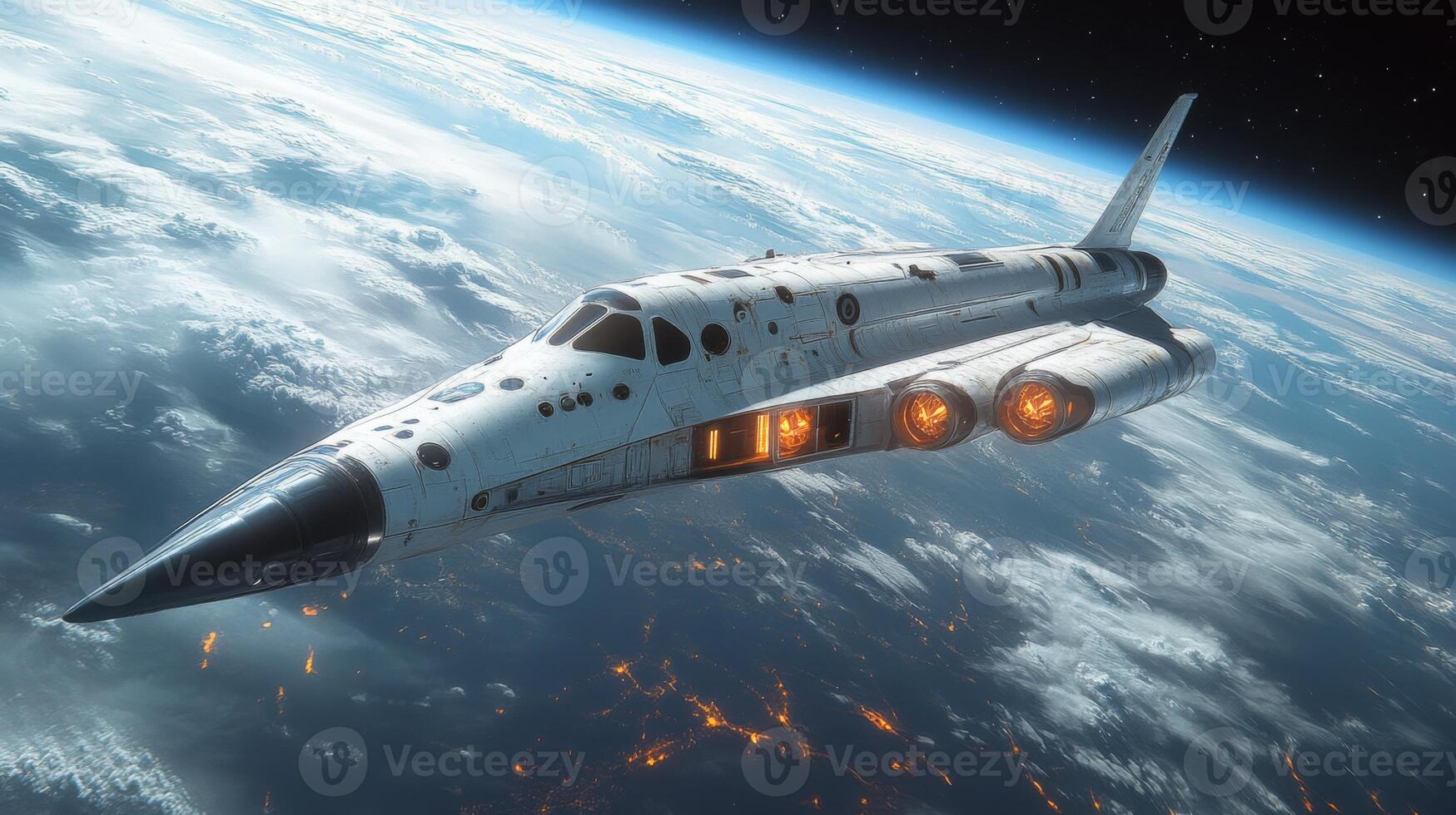 A cutting edge spaceplane demonstrates advanced hypersonic flight and propulsion technology as it soars through the upper atmosphere above a glowing Earth, showcasing aerospace advancements. photo