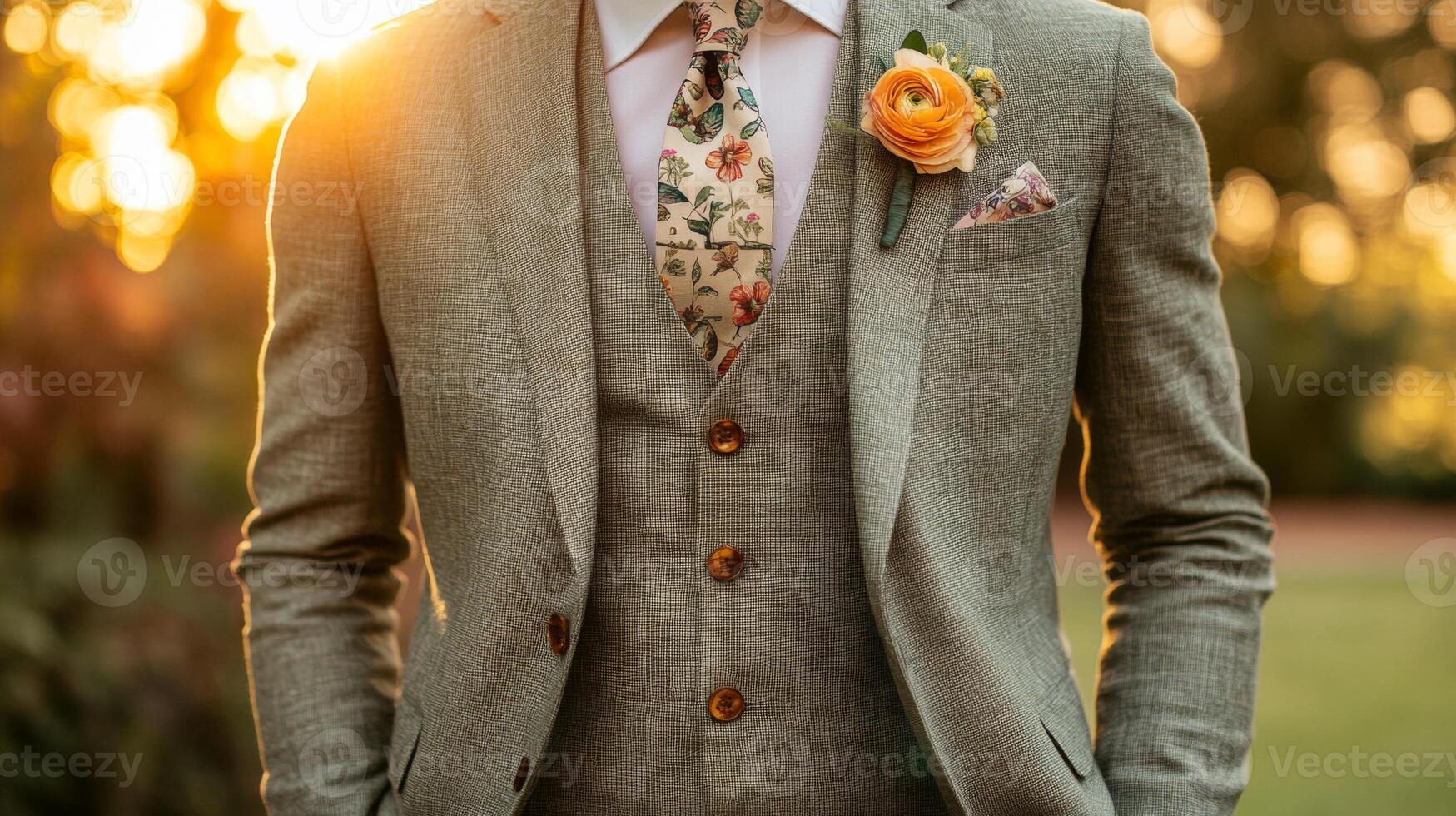 A groom stands confidently in a light green suit with detailed floral patterns on his tie and pocket square. A yellow flower adorns his lapel as the sun sets, creating a warm ambiance. photo