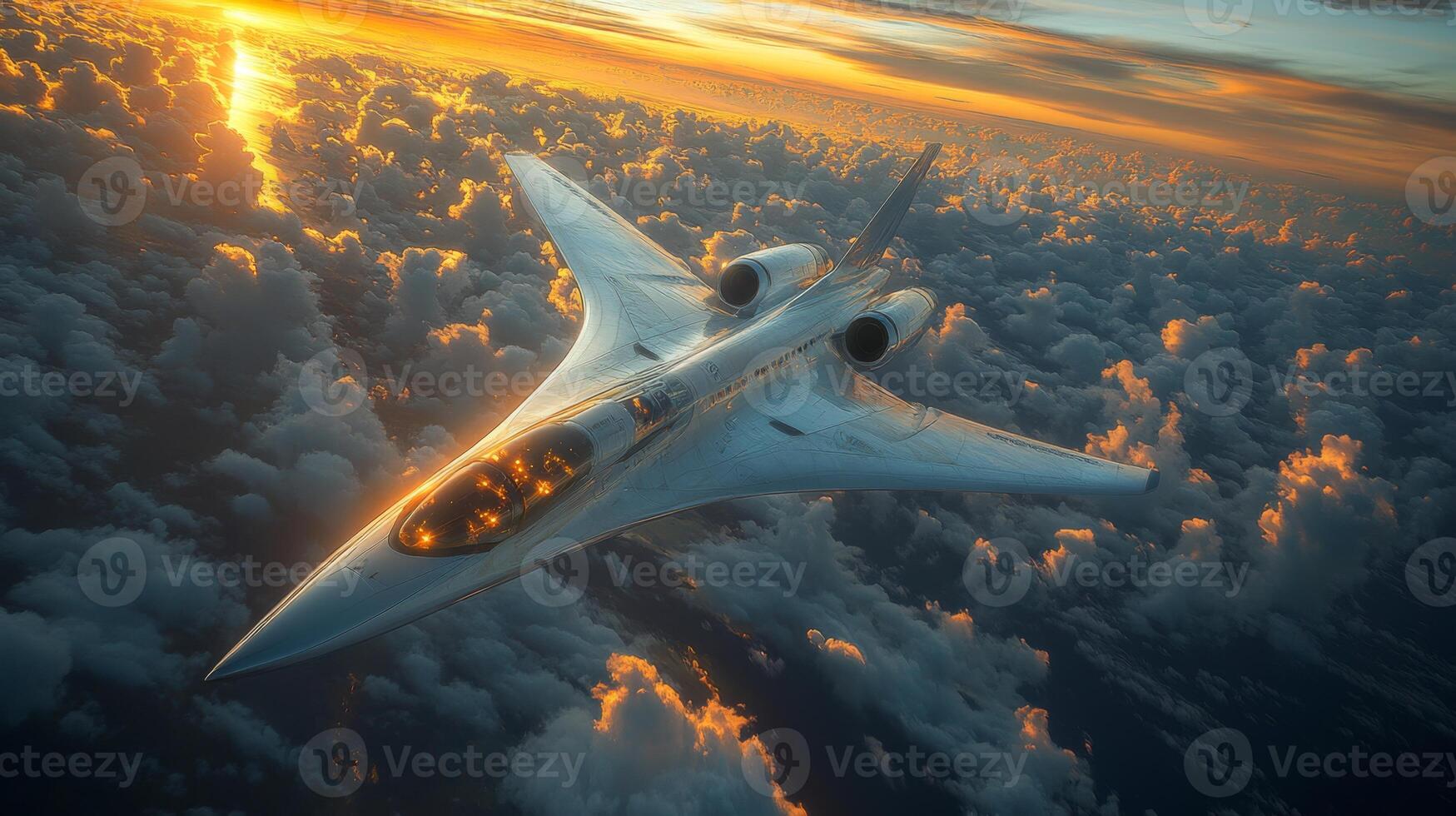 A sleek spaceplane ascends gracefully above the clouds, illuminated by a stunning sunset, showcasing advanced aerospace technology and propulsion systems in action. photo