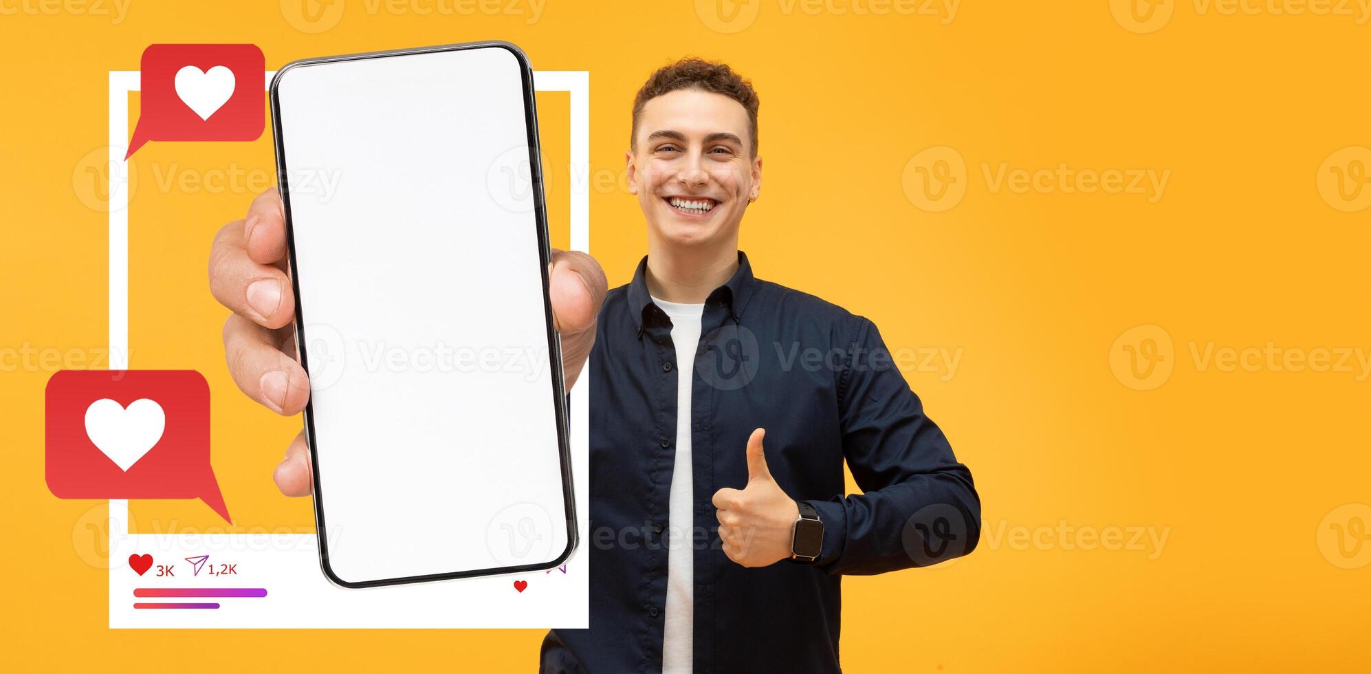 A cheerful influencer proudly displays a blank smartphone screen, ready for social media engagement. The bright background enhances the mood of online interaction and connection. photo