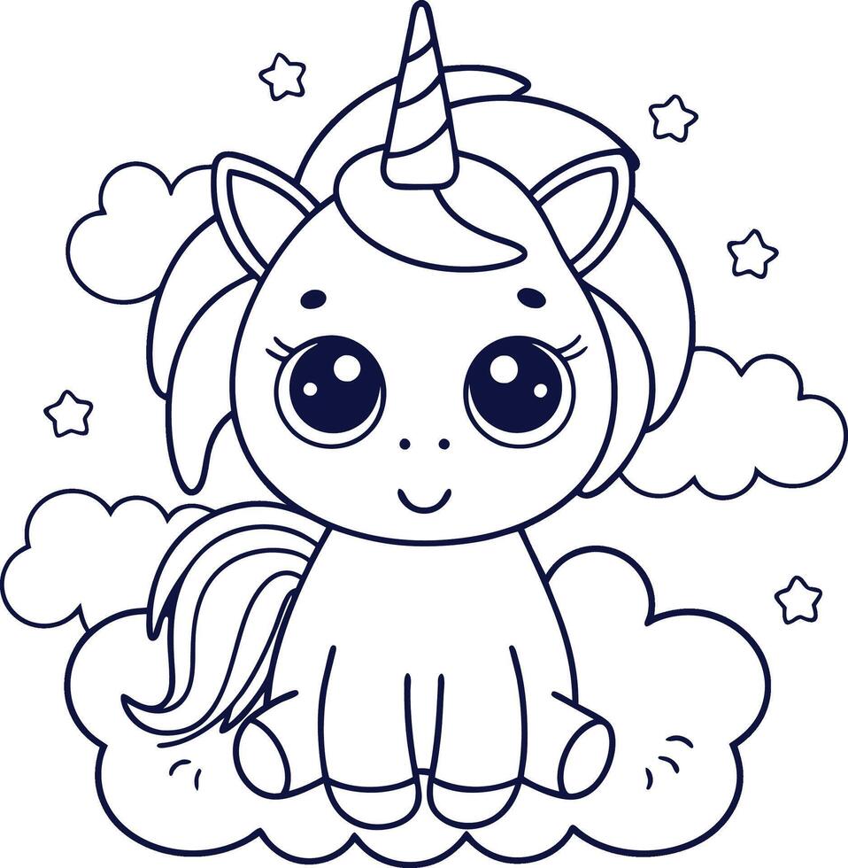 Adorable Baby Unicorn with Big Eyes Coloring Page vector