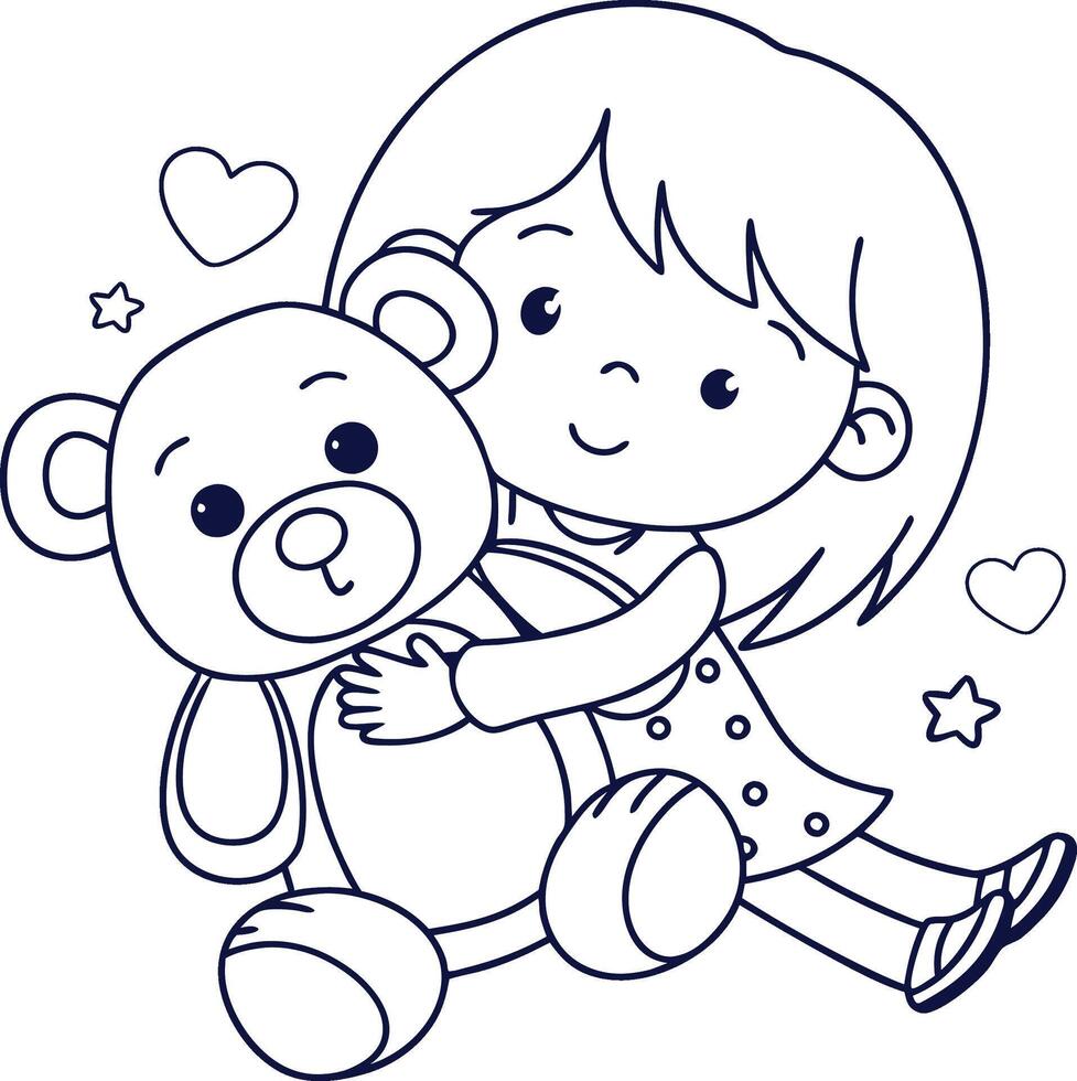 Little Boy Hugging Teddy Bear Coloring Page vector