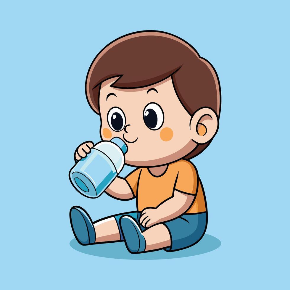 Cute Baby Boy Drinking Milk from a Bottle with a Happy and Satisfied Expression Cartoon Icon Illustration vector