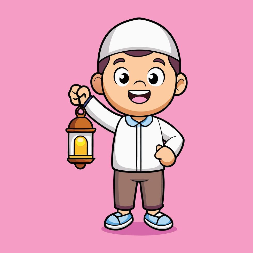 Cute Muslim Boy Holding Lantern and Book Islamic Cartoon Illustration vector