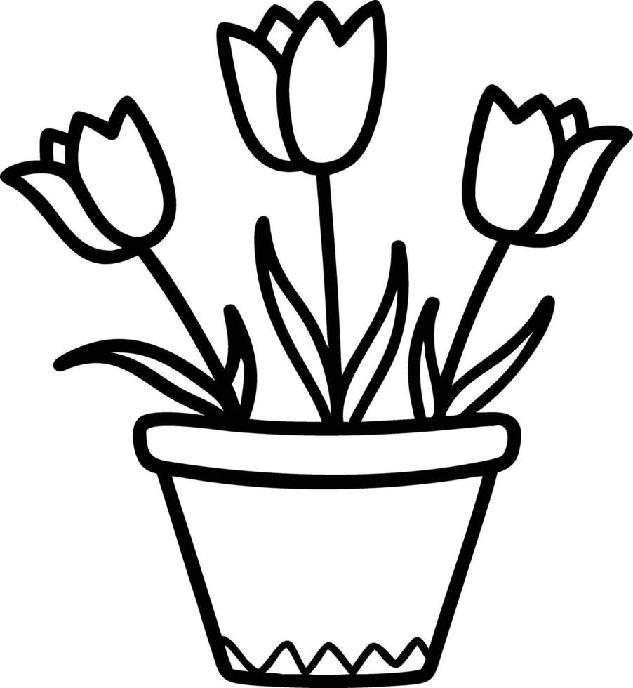 Simple line drawing of tulips in a pot black. vector