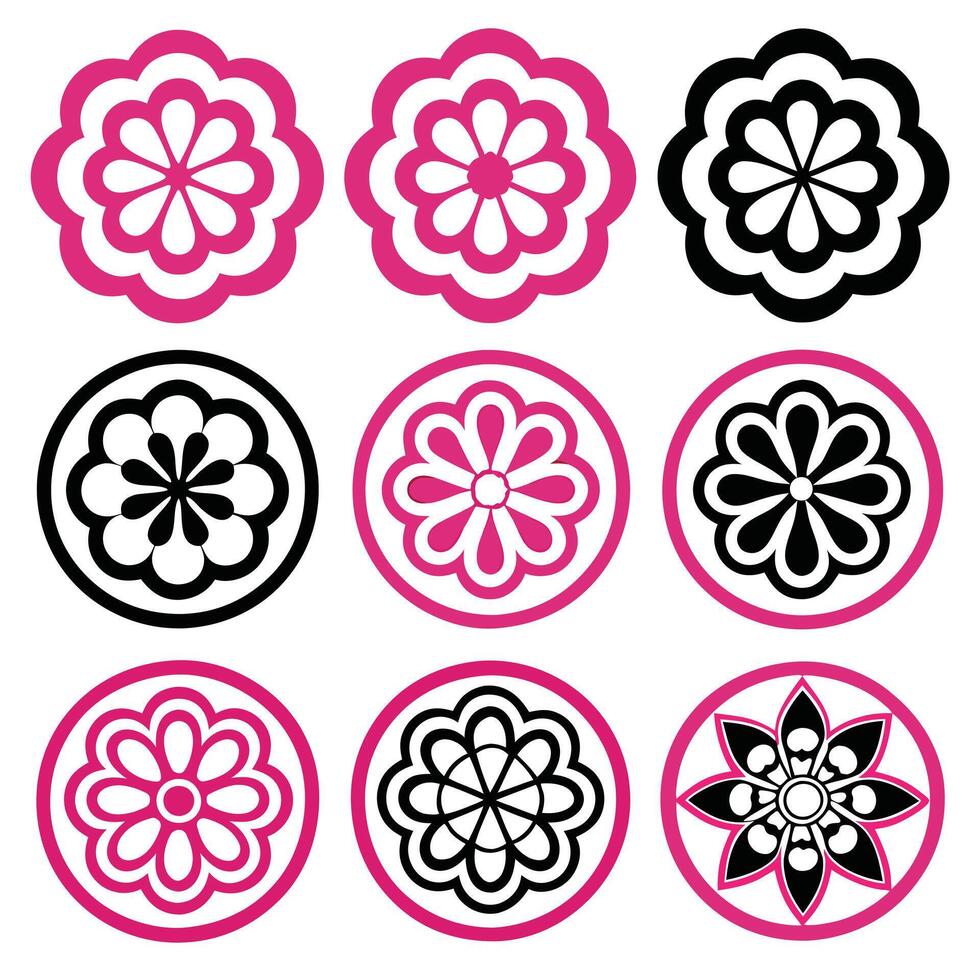 Flower silhouettes black and white designs geometric. vector