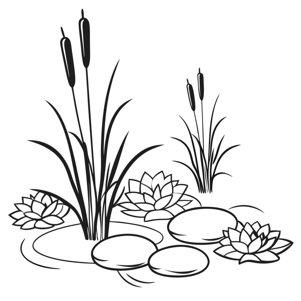 Minimalist pond scene design with black and white. vector