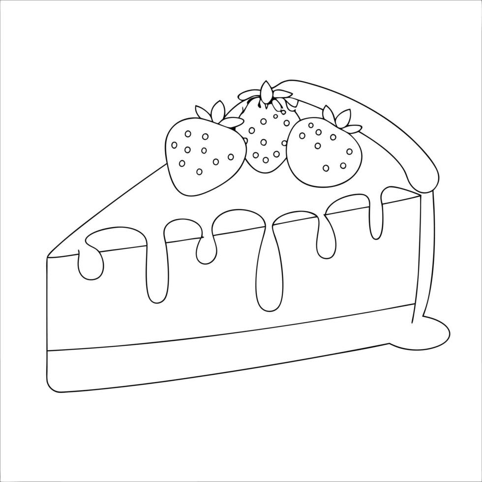 Cheesecake slice with strawberry coloring book design. vector