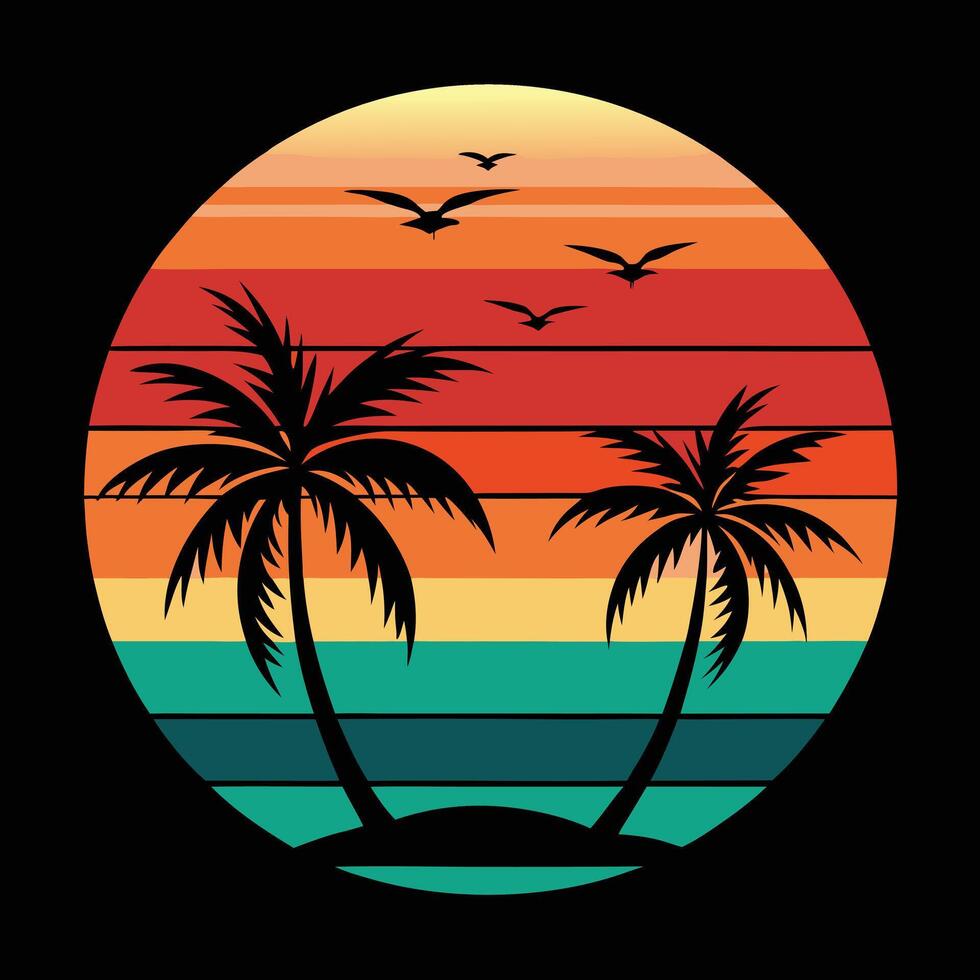 Tropical sunset palm tree silhouettes for vibrant island decor. vector