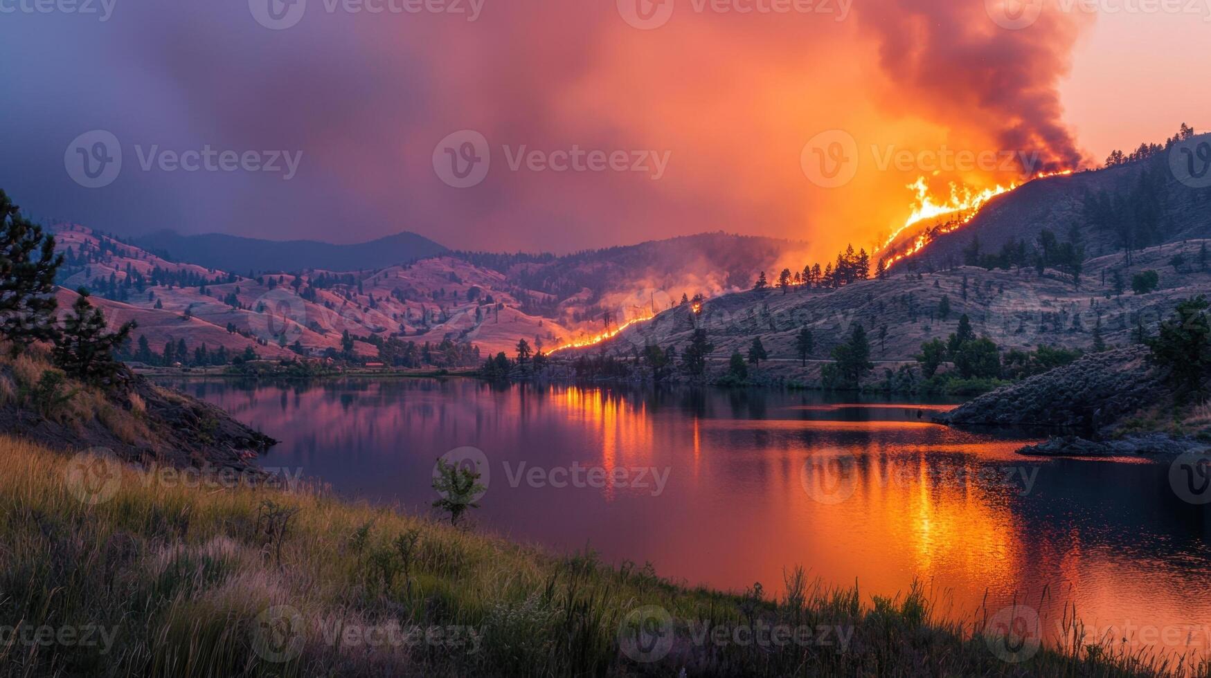A fire is burning in the distance, with the smoke and flames visible in the sky photo