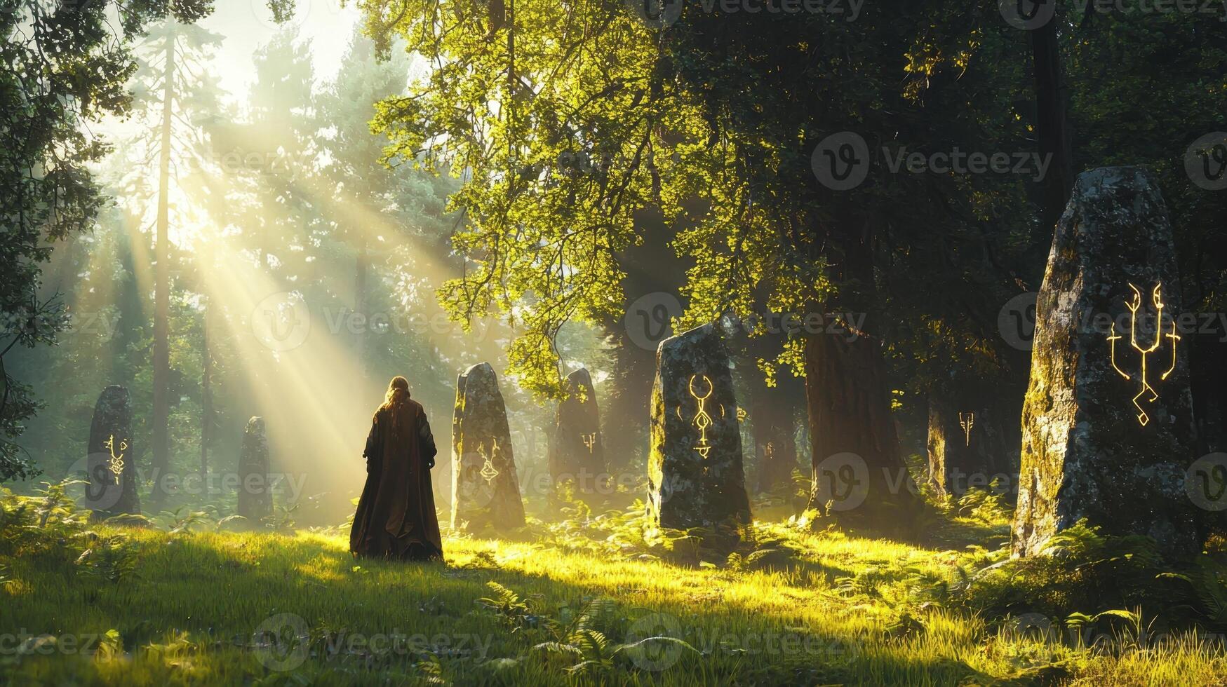 A person walking through a forest with sunbeams shining through the trees photo