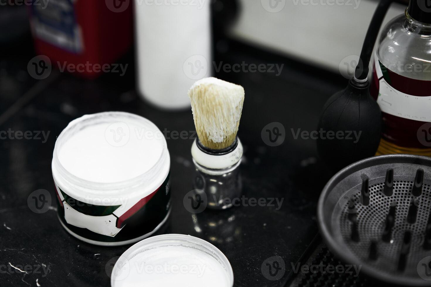 Tools for a classic shaving routine at a barbershop photo