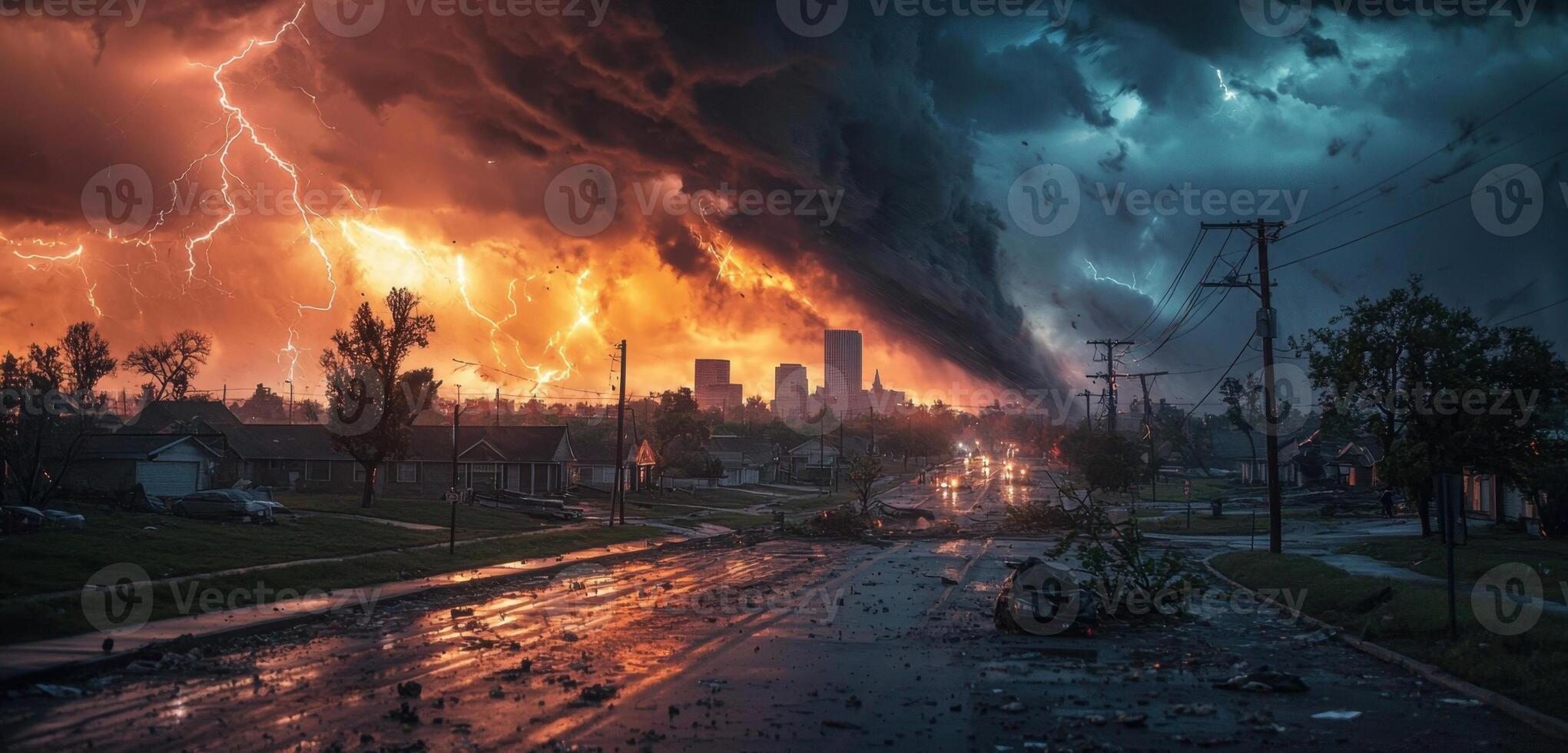 A tornado is seen in the sky over a city photo