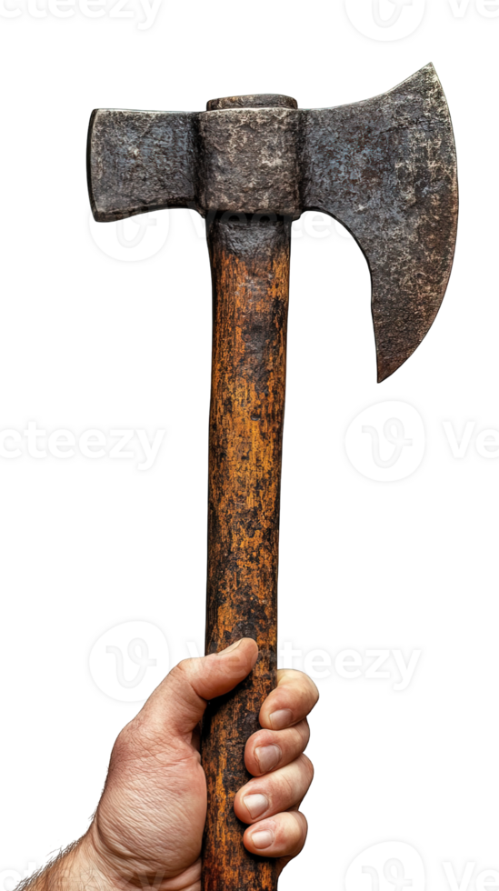 hand holding iron axe isolated on transparent background, png