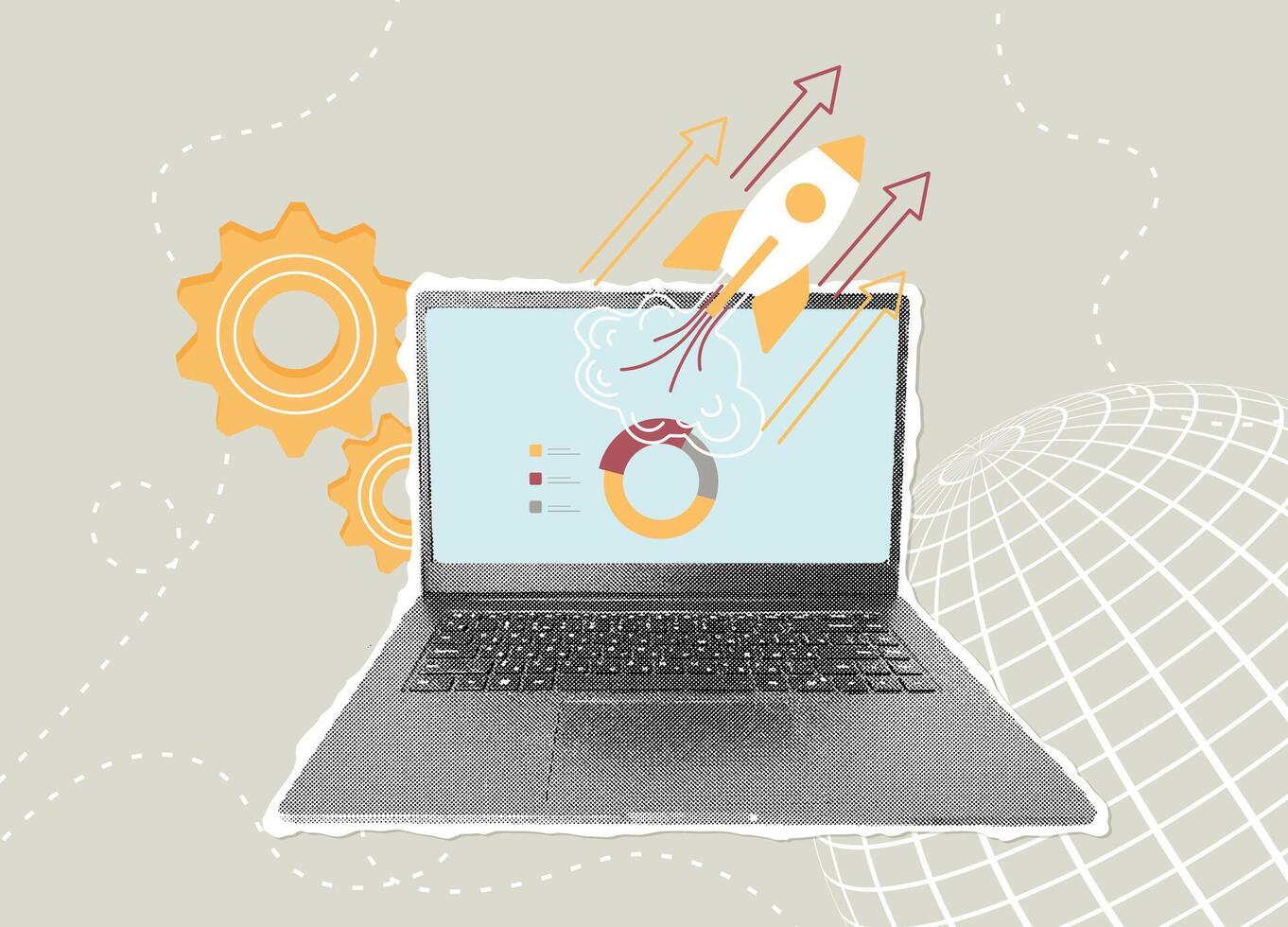 Trendy halftone collage. Global business launch. Concept of launching a new business product, starting a business, successful startup. Launching a rocket from laptop screen. illustration vector