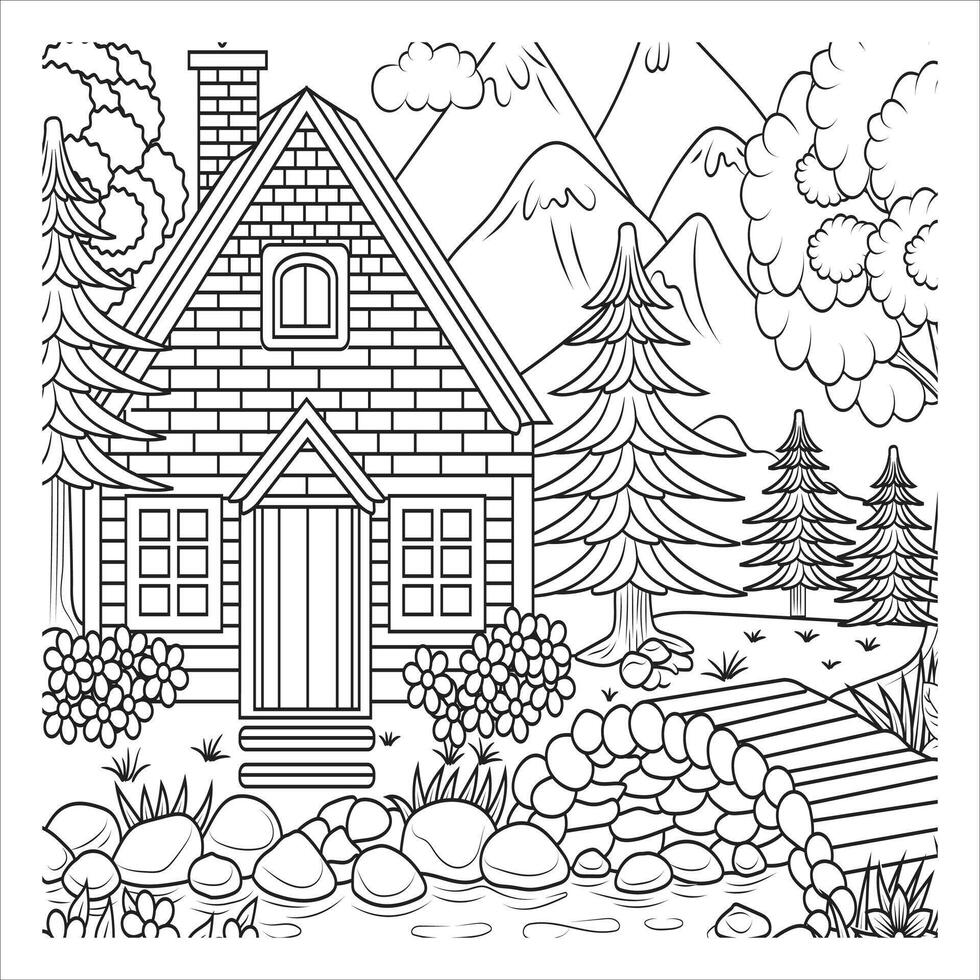 Cozy Brick Cabin with a Scenic Mountain View Coloring Page vector