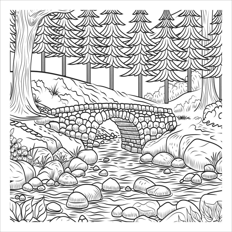 Stone Bridge Over a Peaceful Forest Stream Coloring Page vector