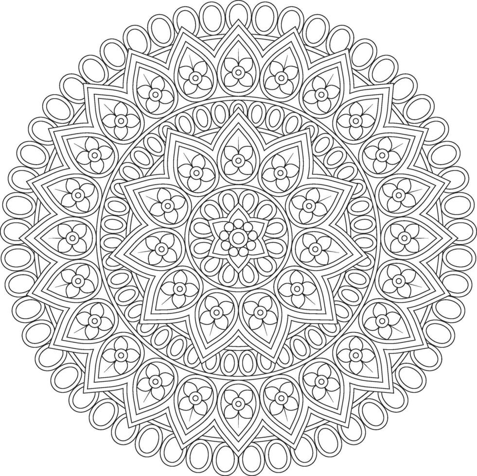 Star-Inspired Floral Mandala with Repeating Patterns Black and White Illustration coloring pages vector