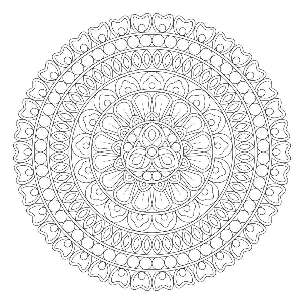 Ornate Floral Mandala with Decorative Borders - Black and White Illustration vector
