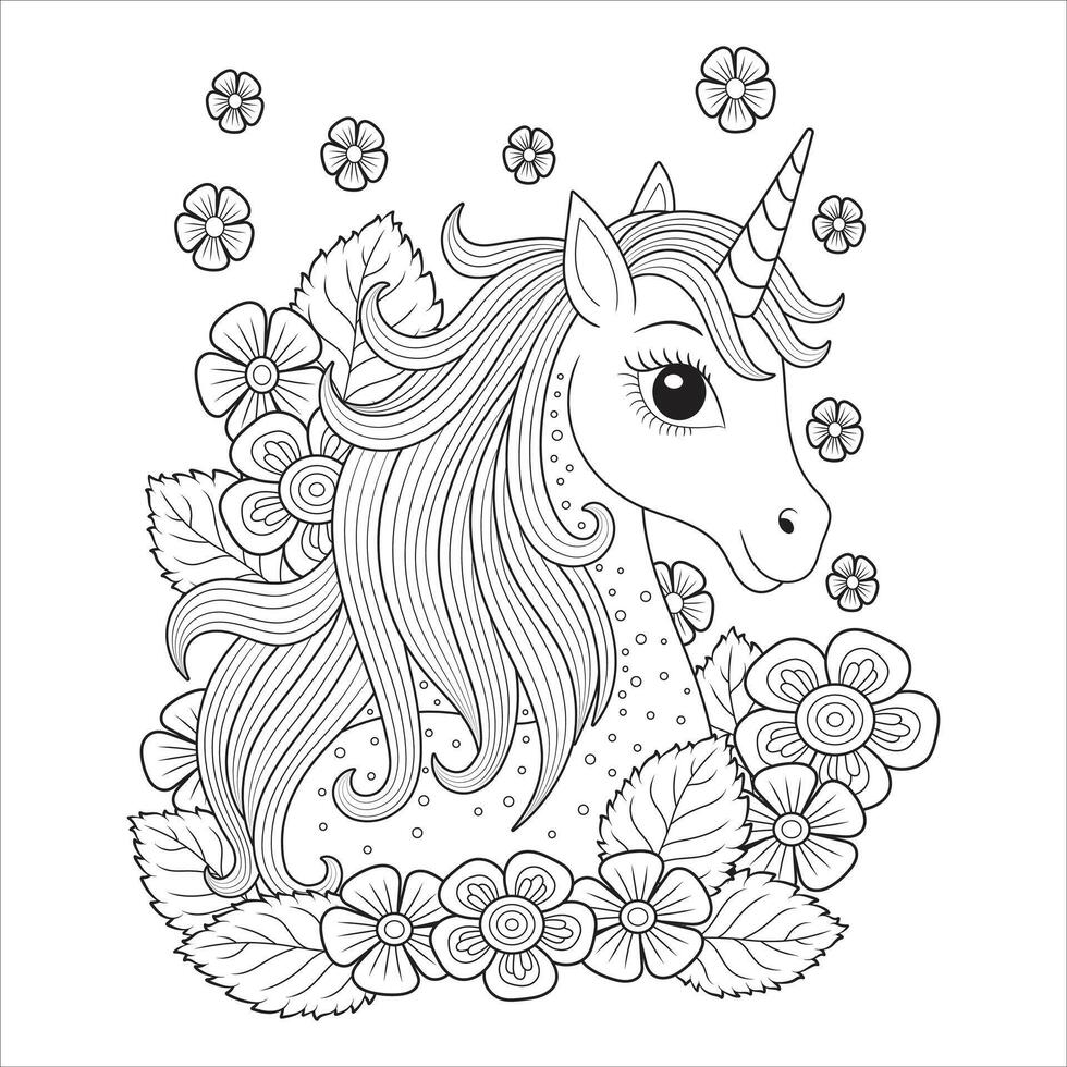 Beautiful Unicorn with Floral Surroundings - Black and White Illustration vector