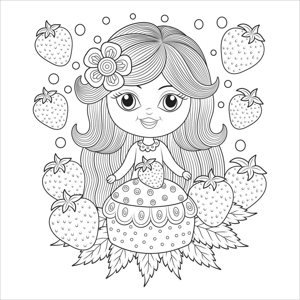 Strawberry Fairy Girl - Black and White Illustration vector
