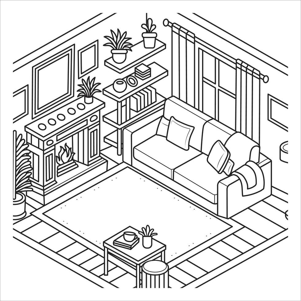 Cozy Living Room with Fireplace - Black and White Illustration vector