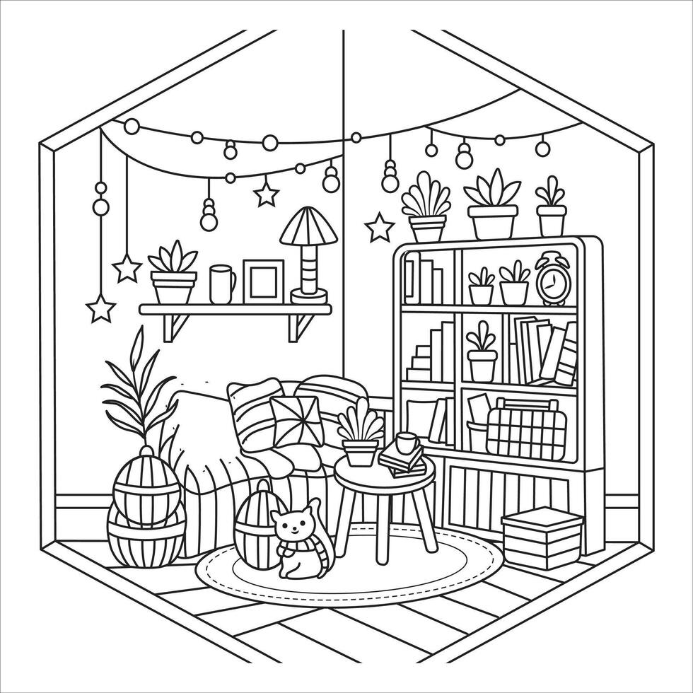 Cozy Reading Nook Inside a Small House - Black and White Illustration vector