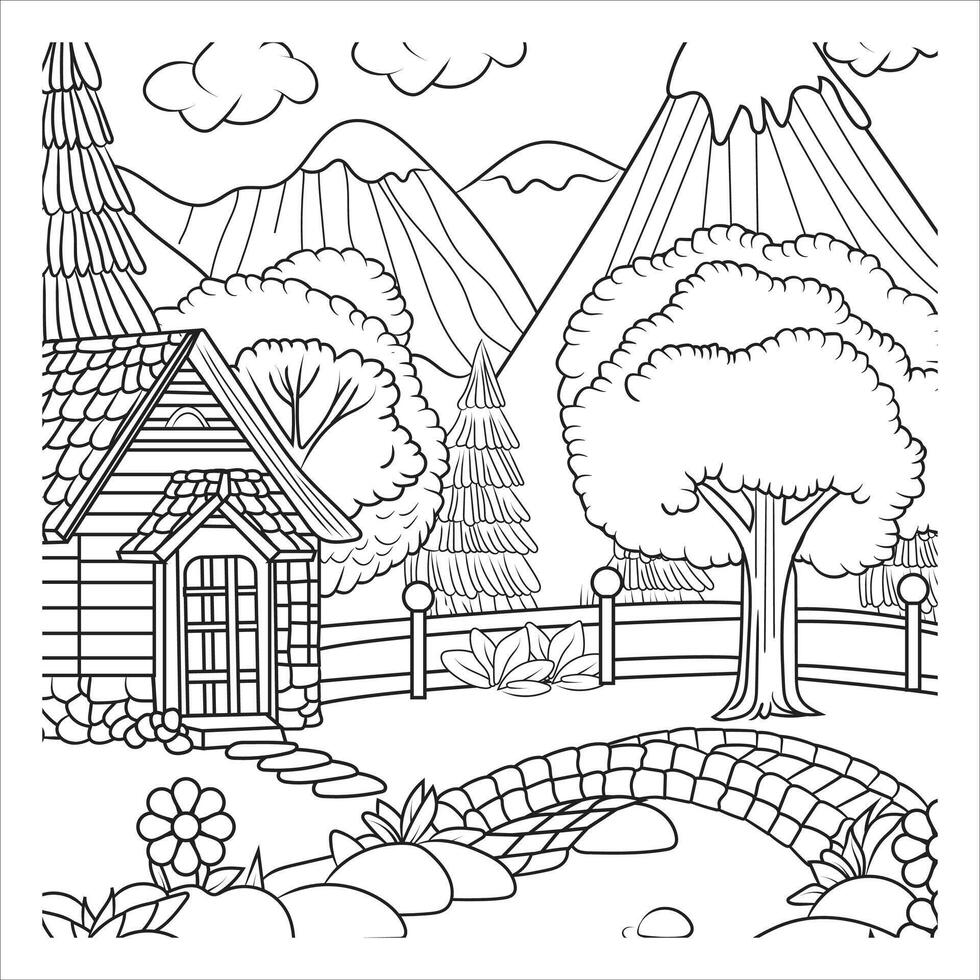 Log Cabin with a Garden and Stone Bridge Coloring Page vector