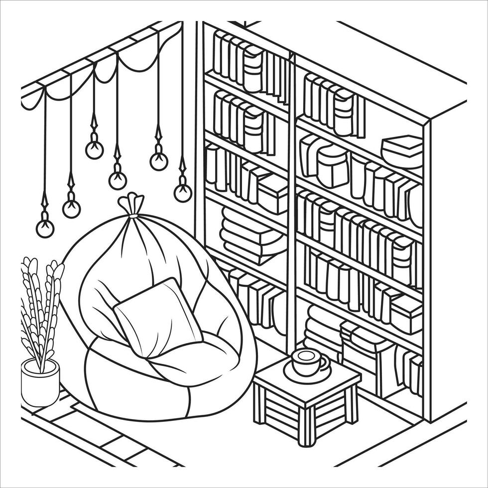 Reading Nook with Bean Bag and Bookshelves vector