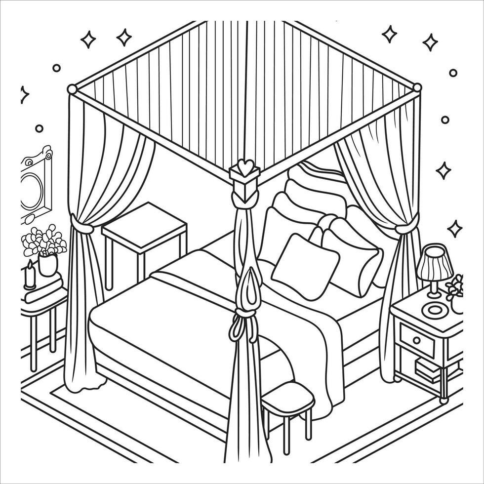 Elegant Canopy Bed with Decorative Elements vector