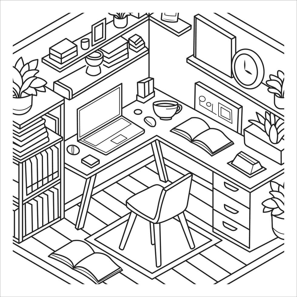 Organized Home Office with Books and Laptop Black and White Illustration vector