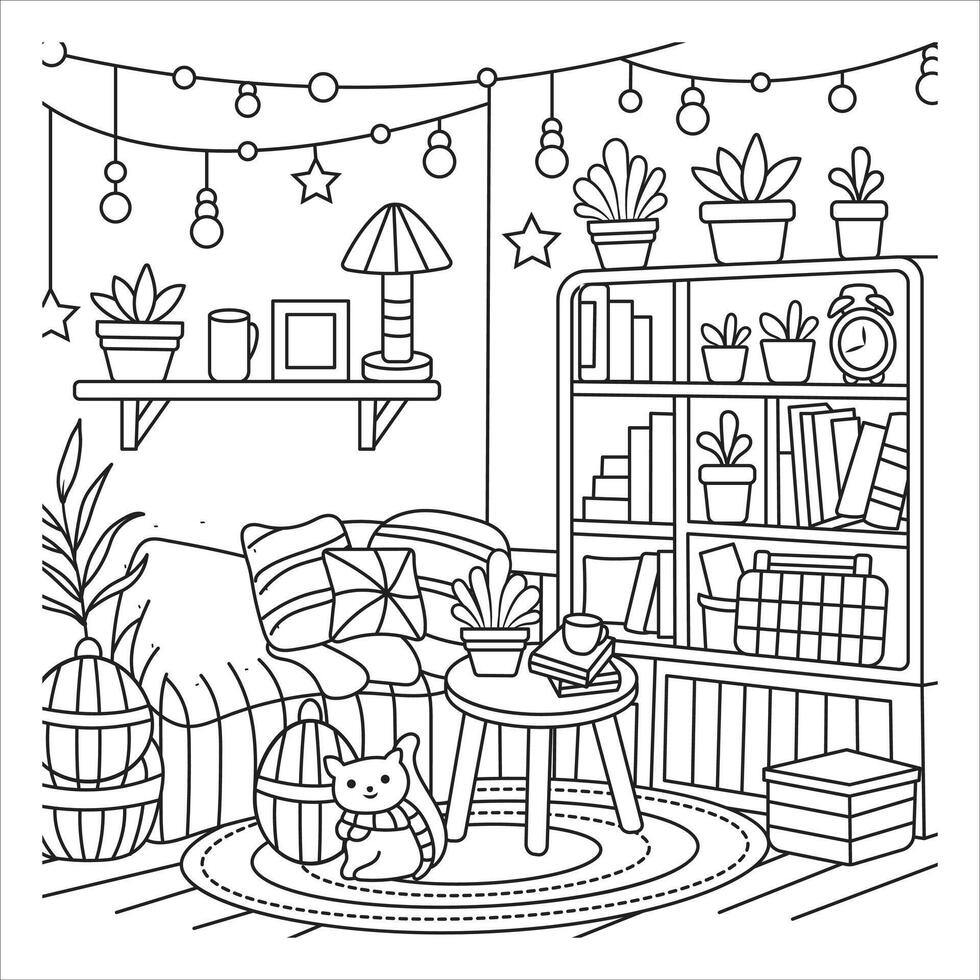 Cozy Reading Nook with Books and Plants Black and White line art coloring page vector