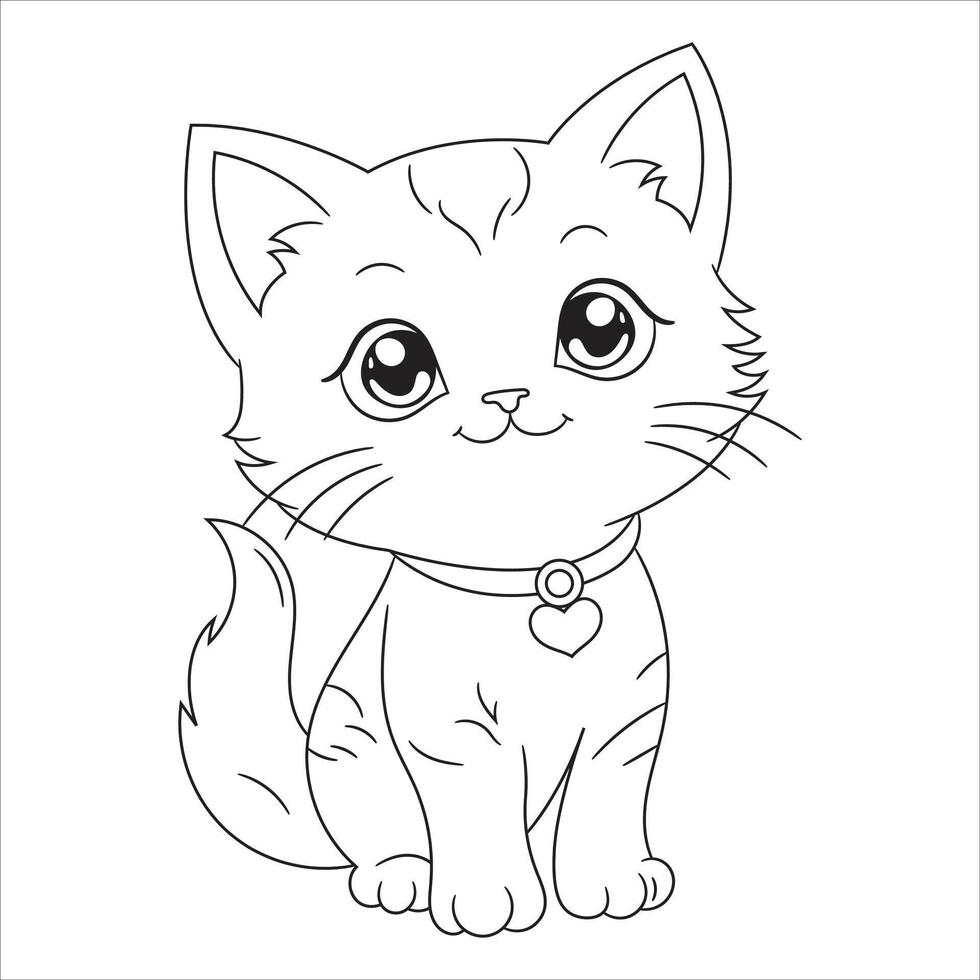 Cute Kitten with Heart Collar - Black and White Illustration vector
