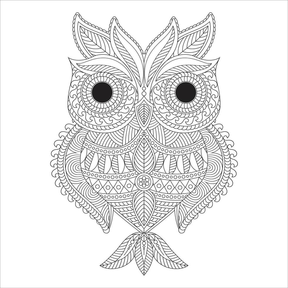 Ornate Owl with Intricate Patterns - Black and White Coloring Page vector