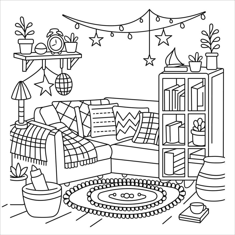 Cozy Living Room with Bookshelves and Decorations - Black and White Illustration vector