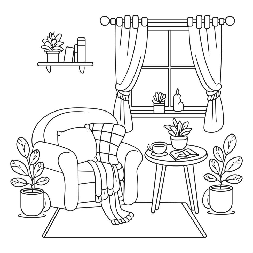 Cozy Reading Nook with Books and Plants Black and White Illustration vector